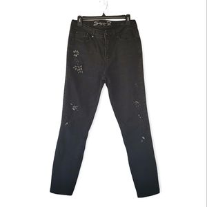 SEVEN 7 Destressed High Waisted Denim Black Skinny Jeans w/Rhinestones